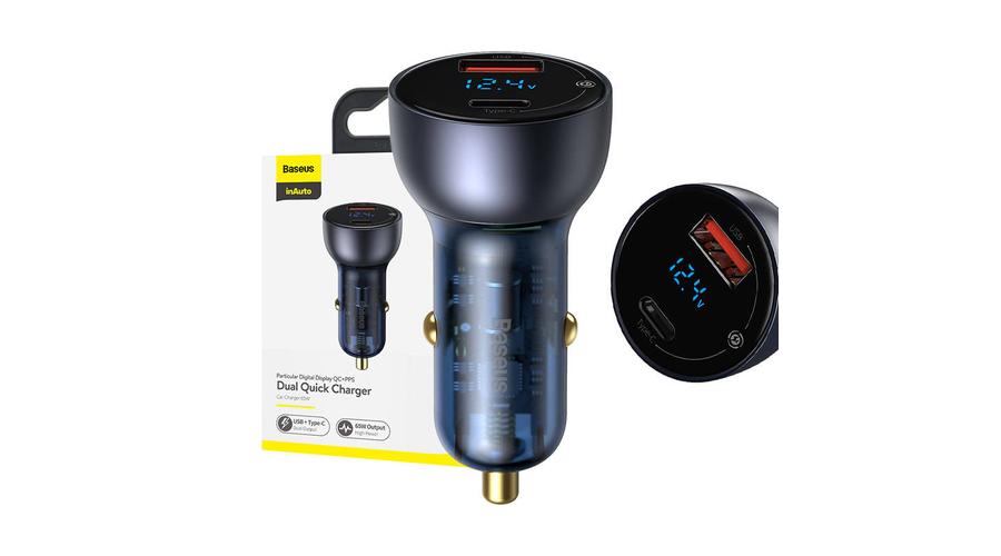 Ładowarka samochodowa Baseus Particular Digital Display z wyświetlaczem, USB + USB-C, QC3.0+PD, 5A, 65W (szara)