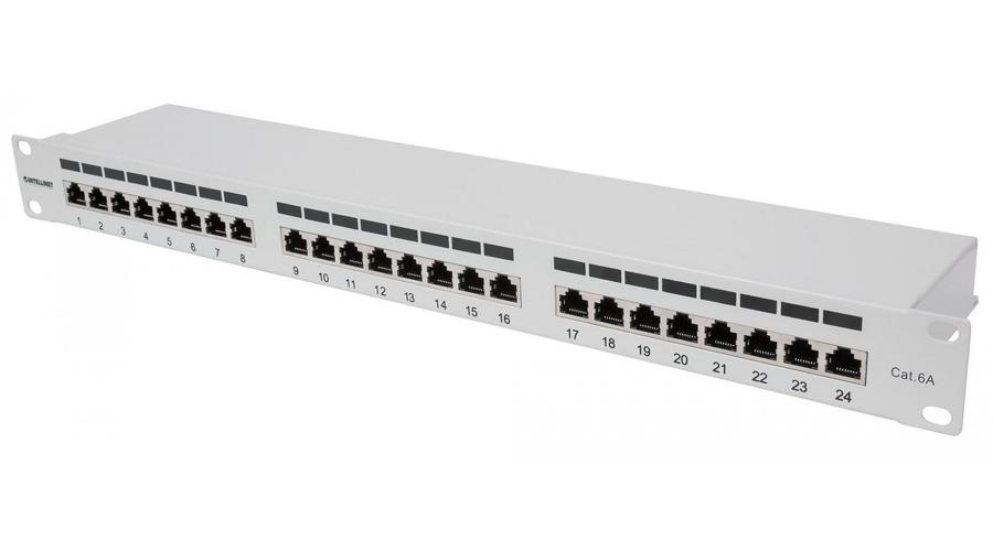 INTELLINET 24-portos árnyékolt Cat6a FTP kábeltároló panel 1 U 90 fokos felső belépésű, ütésálló blokkok, szürke